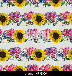 Nahtlose Muster mit rosa Rosen und Sonnenblumen. Blumenkarte Aquarell. Stockfoto