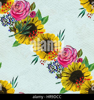 Nahtlose Muster mit rosa Rosen und Sonnenblumen. Blumenkarte Aquarell. Stockfoto