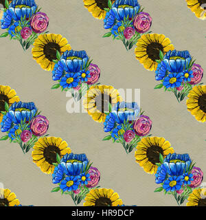 Nahtlose Muster mit bunten Blumen. Blumenkarte Aquarell. Blaue Wildblumen, rosa Rosen und Sonnenblumen. Stockfoto