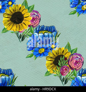Nahtlose Muster mit bunten Blumen. Blumenkarte Aquarell. Blaue Wildblumen, rosa Rosen und Sonnenblumen. Stockfoto