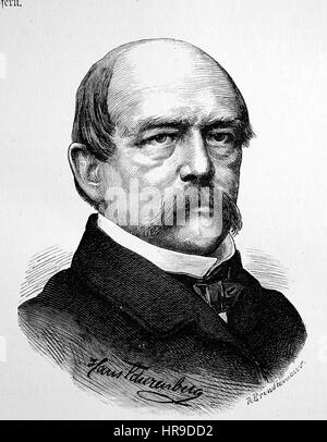 Otto Eduard Leopold, Fürst von Bismarck, Herzog von Lauenburg, 1815-1898, bekannt als Otto von Bismarck war eine konservative preußische Staatsmann, der deutsche und europäische Angelegenheiten von 1860 bis 1890 dominiert. In den 1860er-Jahren entwickelt er eine Reihe von Kriegen, die die Bundesländern, die Situation aus der Zeit der Franco-Preussischer Krieg vereinheitlicht oder Französisch-deutscher Krieg, Deutsch-Franzoesischer Krieg 1870-1871, Reproduktion einer original Holzschnitt aus dem Jahr 1885, digital verbessert Stockfoto