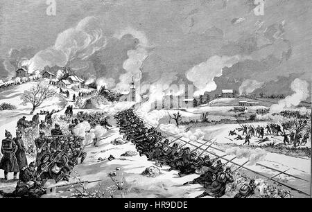 Schlacht von der Eisenbahn-Damm in der Nähe von Bethoncourt, Frankreich, Situation aus der Zeit der Franco-Preussischer Krieg oder Französisch-deutscher Krieg, Deutsch-Franzoesischer Krieg 1870-1871, Reproduktion einer original Holzschnitt aus dem Jahr 1885, digital verbessert Stockfoto