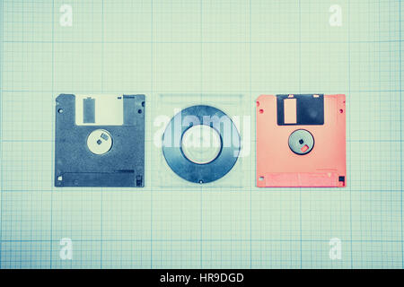 Vintage-Hintergrund - Computer-Disketten und Mini-CD auf dem Bauplan Papier, getönt Stockfoto