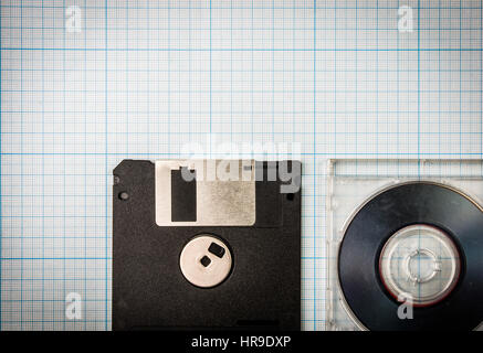 Vintage-Hintergrund - Computer-Disketten und Mini-CD auf dem Bauplan Papier, getönt Stockfoto