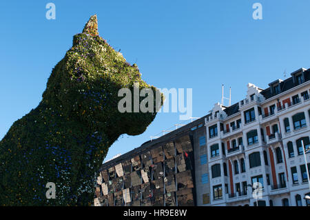 Spanien: die Blume Skulptur Puppy, gegründet 1992 von Jeff Koons am Eingang des Guggenheim Museum Bilbao und Blick auf die Skyline der Stadt Stockfoto