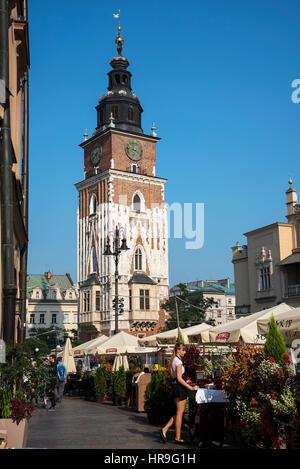 Der Markey am Rathausturm auf dem Marktplatz in Krakau Polen Stockfoto