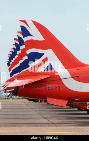 Red Arrows Jet Flugzeuge standen bei der Royal International Air Tattoo Fairford, Großbritannien Stockfoto