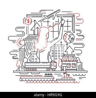 Planung Prozess Linie flache Design Banner mit Frau Diagramm zeichnen Stock Vektor
