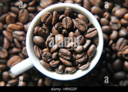 Kaffeetasse mit gerösteten Kaffeebohnen Stockfoto