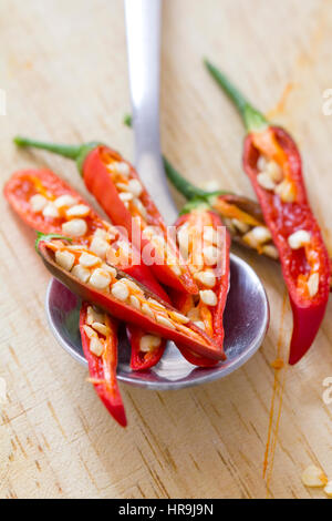 Red Hot Chili Peppers und würzig, kleine hot-Verkostung pod aus einer Vielzahl von "Capsicum", Slices auf einer Tabelle Löffel. Es verwendet in Sauce, Geschmäcke, Spice Pulver Stockfoto