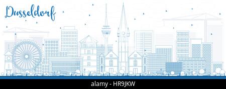 Umrisse Düsseldorf Skyline mit blauen Gebäude. Vector Illustration. Business Travel und Tourismus Konzept mit historischer Architektur. Stock Vektor