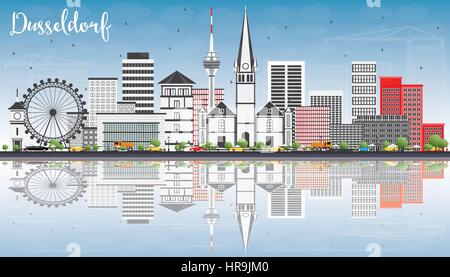 Düsseldorf Skyline mit grauen Gebäude, blauer Himmel und Reflexionen. Vector Illustration. Business Travel und Tourismus Konzept mit historischer Architektur. Stock Vektor