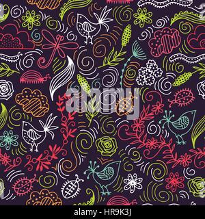 Vektor Musterdesign mit Käfer, Libellen, Vögel und Blumen. Stock Vektor