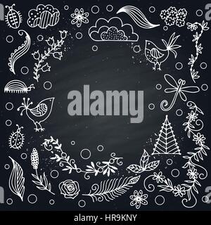 Rahmen für Text mit floralen Ornament Sommer. Kreidetafel. Weiß auf schwarz. Stock Vektor