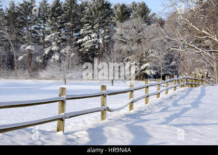 verschneite Golfplatz mit einem schneebedeckten Zaun Stockfoto