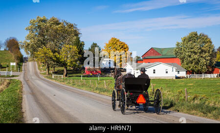 Ein Pferd und Buggy auf der Landstraße im Amish Country in der Nähe von Walnut Creek, Ohio, USA. Stockfoto