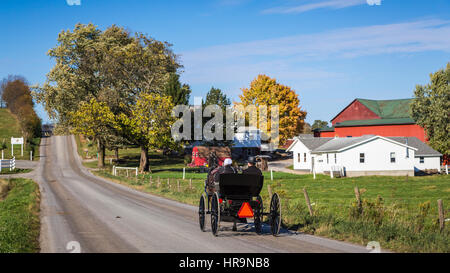 Ein Pferd und Buggy auf der Landstraße im Amish Country in der Nähe von Walnut Creek, Ohio, USA. Stockfoto