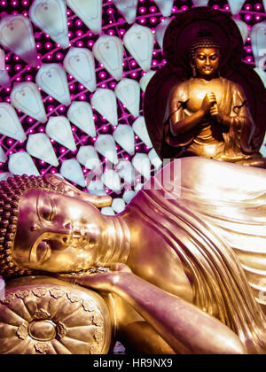 Eine goldene reclining Buddha mit lila Lichter im Hintergrund. Stockfoto