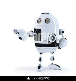 Android Roboter präsentiert ein unsichtbares Objekt. Isoliert Stockfoto