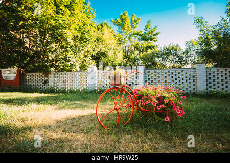 Dekorativer Vintage-Modell Fahrrades alten Korb Blumen Garten. Getönten Foto. Stockfoto