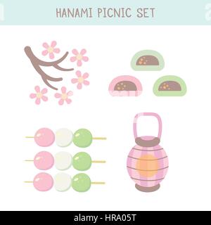 Hanami Festival Set mit blühenden Sakura, rosa Laterne und Hanami Picknick desserts Stock Vektor