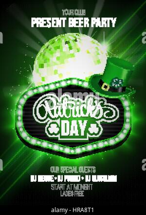 St. Patricks Day Party Poster mit Disco-Kugel. Stock Vektor