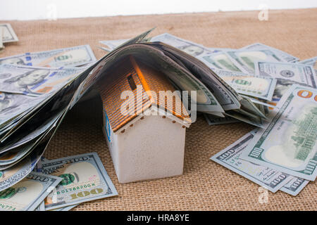 Musterhaus fällt unter Banknoten von US-Dollar Stockfoto