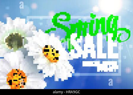 Springr Verkauf Konzept. Sommer Hintergrund mit Kamille und blaue Himmelshintergrund. Vorlage für Web, Flyer, Banner, Gutschein. Vektor-Illustration. Stock Vektor