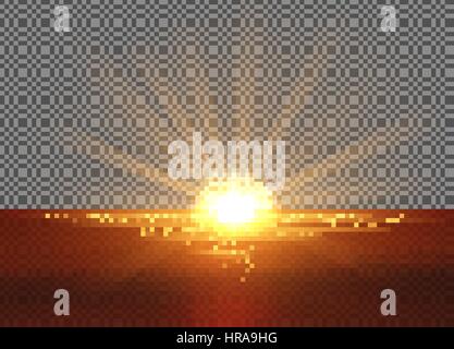 Vektor, die gelbe Sonne mit Lichteffekten. Untergehende Sonne ins Meer. Strahlen, wie Hotspots, Halo und Fackeln auf transparenten Hintergrund. Schnittmaske enthält. Stock Vektor