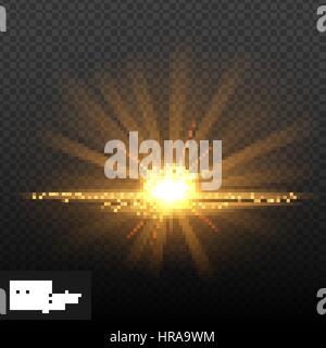 Hell leuchtender Sonne/Stern. Auf schwarzem Hintergrund isoliert. Sonnenaufgang über dem Wasser. Vektor-Illustration, Eps 10. Stock Vektor