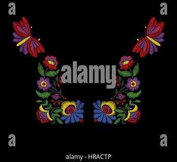 Vektor Stickerei floral ethnischen Hals-Line-Design, Blumen und Schmetterlinge. Mode zu tragen. Stock Vektor
