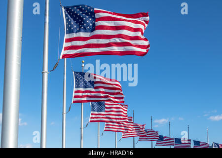 Viele amerikanische Flaggen wehten am Washington Monument - Washington, D.C., USA Stockfoto