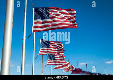 Viele amerikanische Flaggen wehten am Washington Monument - Washington, D.C., USA Stockfoto