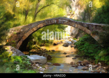 Ölgemälde Herbst Fluss und Stein Brücke Stockfoto