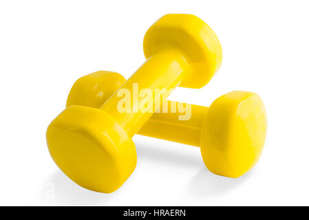 Zwei gelbe Hanteln, isoliert auf weißem Hintergrund. Stockfoto
