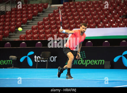 Sofia, Bulgarien - 27. November 2015: Sofia, Bulgarien, Training auf Grigor Dimitrov für demonstrative Match in der Arena Armeec Hall, Sofia, Bulgarien Stockfoto