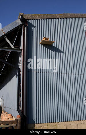 Eingang von Barn owl Box mit Landung Plattform in Stahl Scheune uk installiert Stockfoto