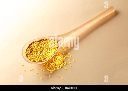 Hirse Grütze mit Holzlöffel auf Papier Stockfoto