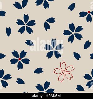 Nahtlose traditionellen japanischen Sakura-Muster. Kirschblüte, Navy-blau und rot auf Ecru Hintergrund. Ethnische Textildesign. Stock Vektor