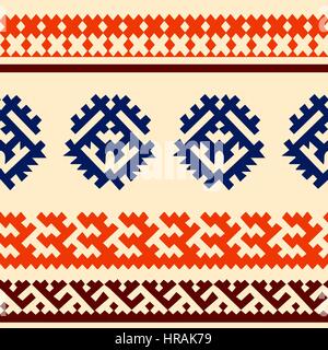 Stammes-Musterdesign. Sibirische Folk geometrischen Drucken mit ornamentalen Motiven Khanty Leute in ihrer authentischen Farben blau, Orange und braun auf ein e Stock Vektor