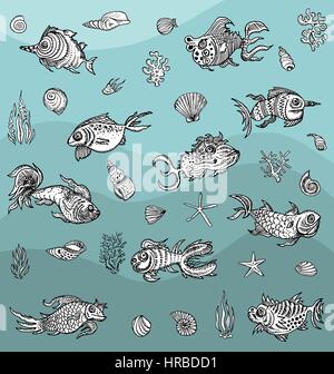 Monster-Fisch-Skizzen setzen. Handgezeichnete Vektor-marine-set Stock Vektor