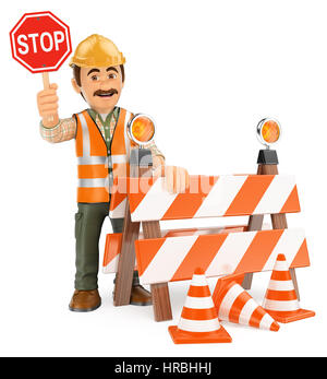 arbeitenden Menschen 3D-Illustration. Arbeiter mit Stop-Schild. Im Bau. Isolierten weißen Hintergrund. Stockfoto