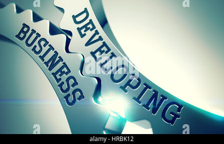 Entwicklung von Business - Text auf den Mechanismus der glänzenden Metallgetriebe. 3D Stockfoto