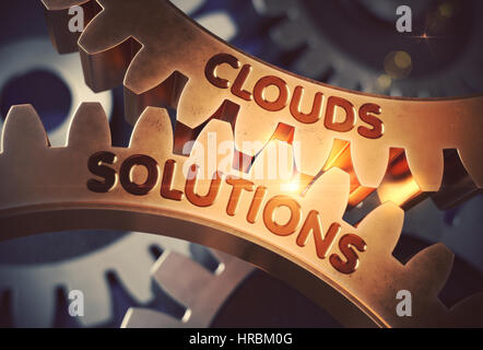 Wolken-Solutions-Konzept. Goldene Zahnrad Zahnräder. 3D Illustration. Stockfoto