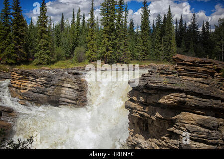 Wasser fällt mit macht auf den Felsen der Maligne Canyon in Alberta, Kanada Stockfoto