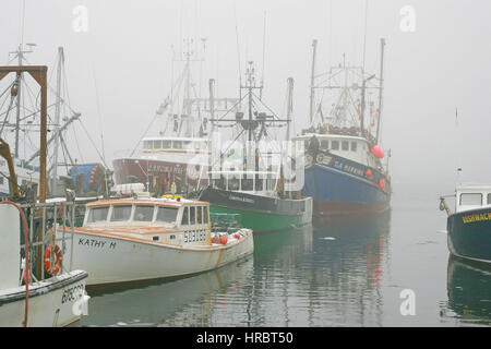 Portland Hafen Angeln Flotte Winternebel Schnee am dock Portland Maine New England USA Stockfoto