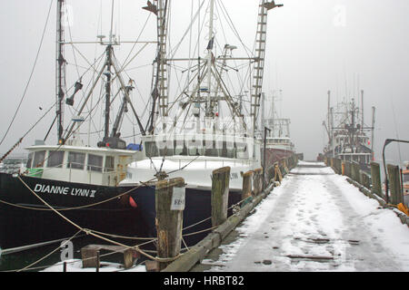 Portland Hafen Angeln Flotte Winternebel Schnee am dock Portland Maine New England USA Stockfoto