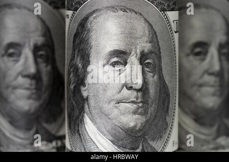 Benjamin Franklin's Gesicht auf einer $100-/100-Dollar-Banknote, Franklin-C-Scheine. Für die US-Bankenkrise. Stockfoto