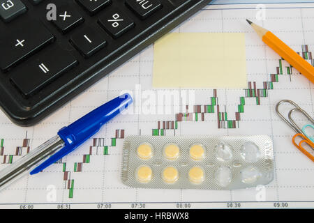Finanzielle Diagramm auf einem weißen Hintergrund mit Taschenrechner, Pillen, Kugelschreiber, Bleistift, Büroklammern Stockfoto