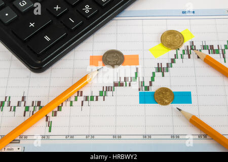 Finanzielle Diagramm auf einem weißen Hintergrund mit Taschenrechner, Münzen, Kugelschreiber, Bleistifte, Münzen auf einem Aufkleber Stockfoto